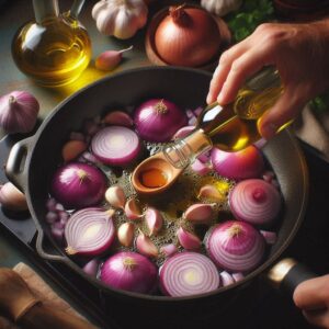 Calentando un poco de aceite de oliva en una sartén y agregando las cebollas moradas y los dientes de ajo.