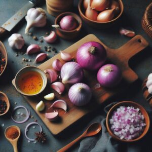 Pelar y picar la cebolla morada. Luego, pela y pica los dientes de ajo