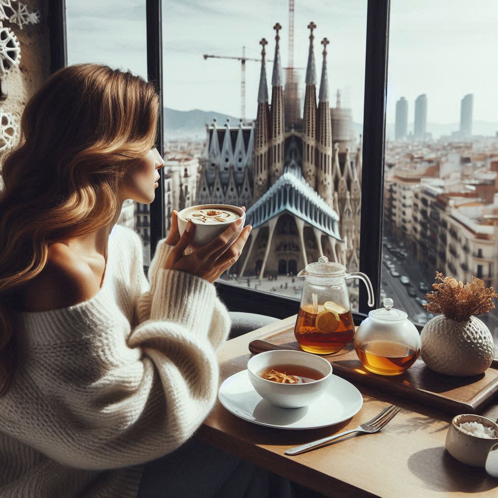 Una reconfortante taza de té de limón y miel en las manos de una bellísima mujer que mira la catedral de la Sagrada Familia de Barcelona 