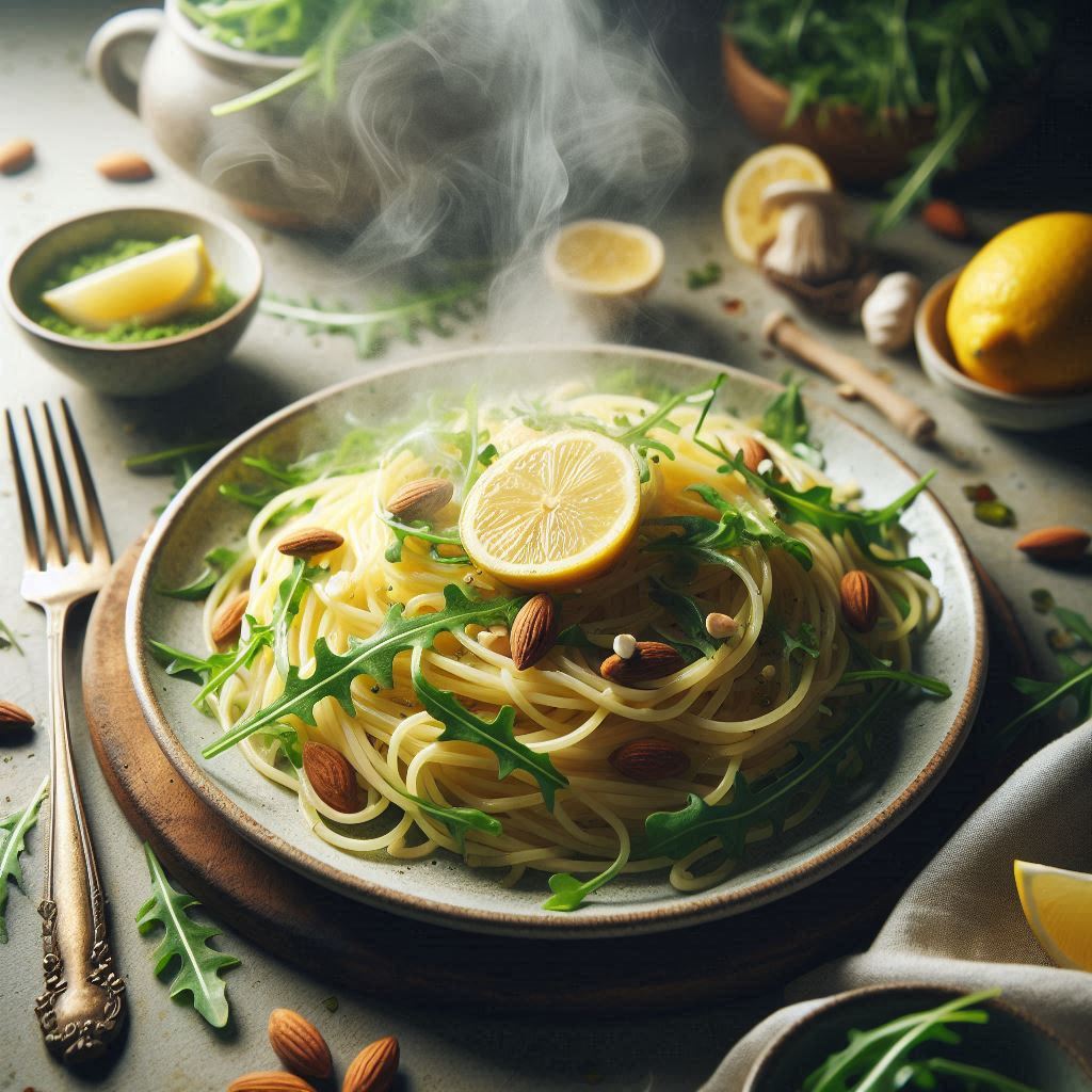 Spaghetti al Limone con Rúcula y Almendras, desprendiendo el vapor debido al calor del plato recien hecho y servido para degustar al instante